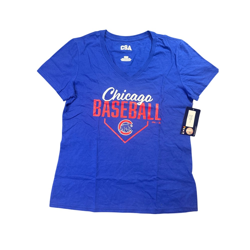 CSA Chicago Cubs Womens V-Neck Graphic T-Shirt Blue Size Medium NWT